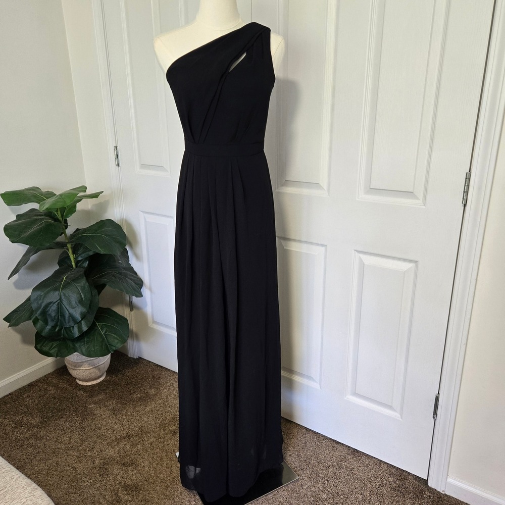 DB Studio Gown Womens 2 Black One Shoulder Pleated Cutout Maxi Formal Dress